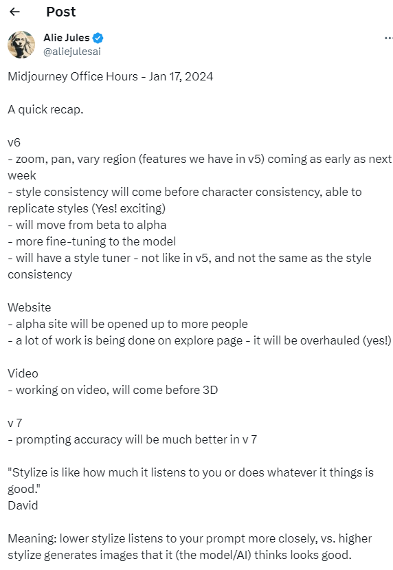 Midjourney v6下周将补齐缩放平移及视频生成等功能