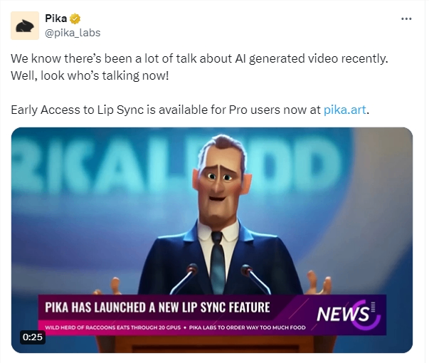 Pika推出Lip Sync功能 支持视频人物嘴部动画和音频同步