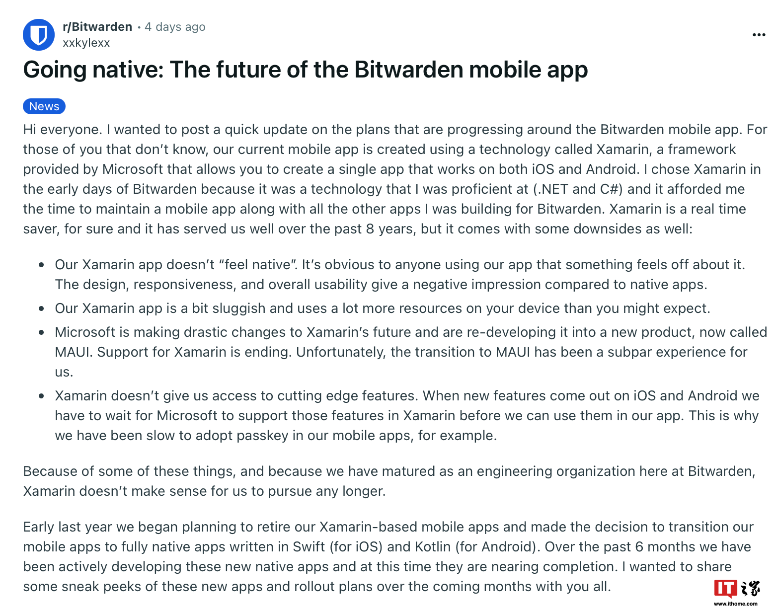 密码管理工具(Bitwarden)宣布淘汰微软 Xamarin 框架