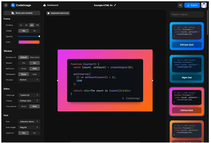 CodeImage:开源代码截图美化神器,一键生成高颜值代码图片 CodeImage:开源代码截图美化神器,一键生成高颜值代码图片
